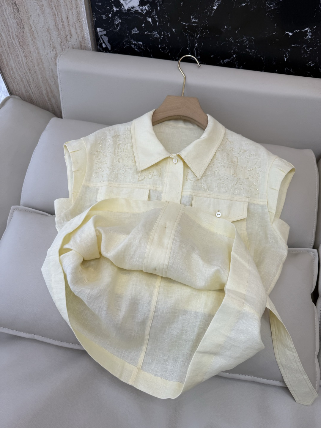SY020#新款套装⚠️🌾重工刺绣钉珠 100%亚麻无袖上衣➕长裤 套装 两色 SMLXL