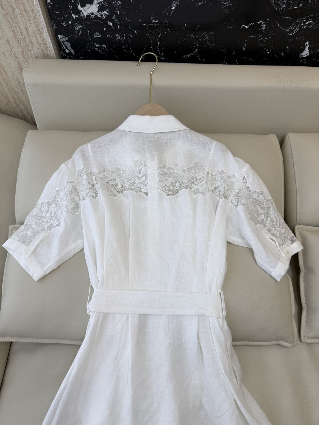 YM0134#新款连衣裙⚠️工厂特批‼️ES 100% 亚麻 蕾丝绣花短袖 修身连衣裙 蓝色 白色 SM