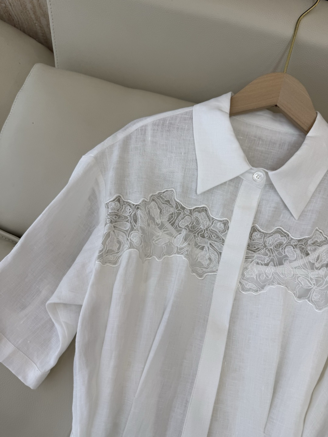 YM0134#新款连衣裙⚠️工厂特批‼️ES 100% 亚麻 蕾丝绣花短袖 修身连衣裙 蓝色 白色 SM