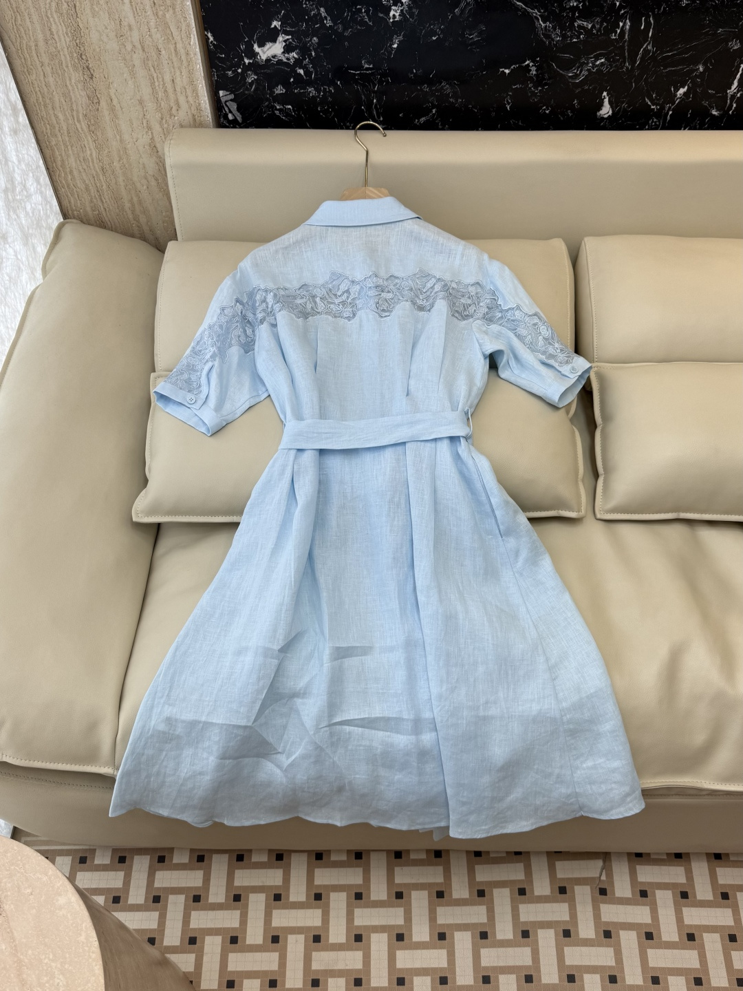 YM0134#新款连衣裙⚠️工厂特批‼️ES 100% 亚麻 蕾丝绣花短袖 修身连衣裙 蓝色 白色 SM