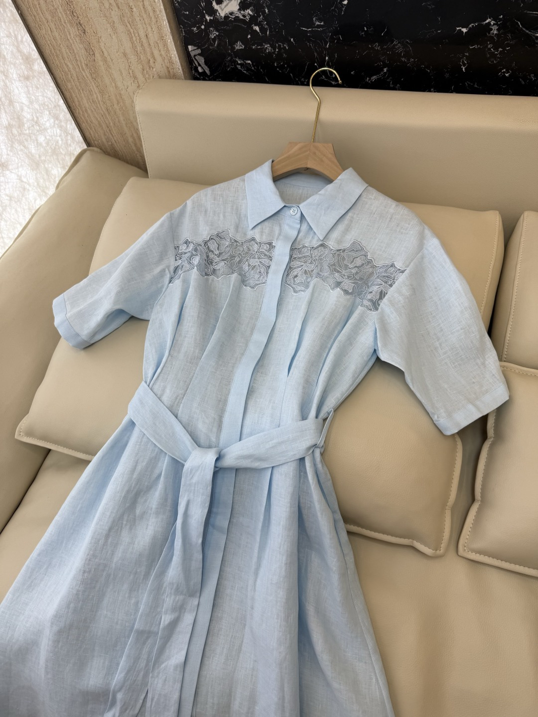 YM0134#新款连衣裙⚠️工厂特批‼️ES 100% 亚麻 蕾丝绣花短袖 修身连衣裙 蓝色 白色 SM