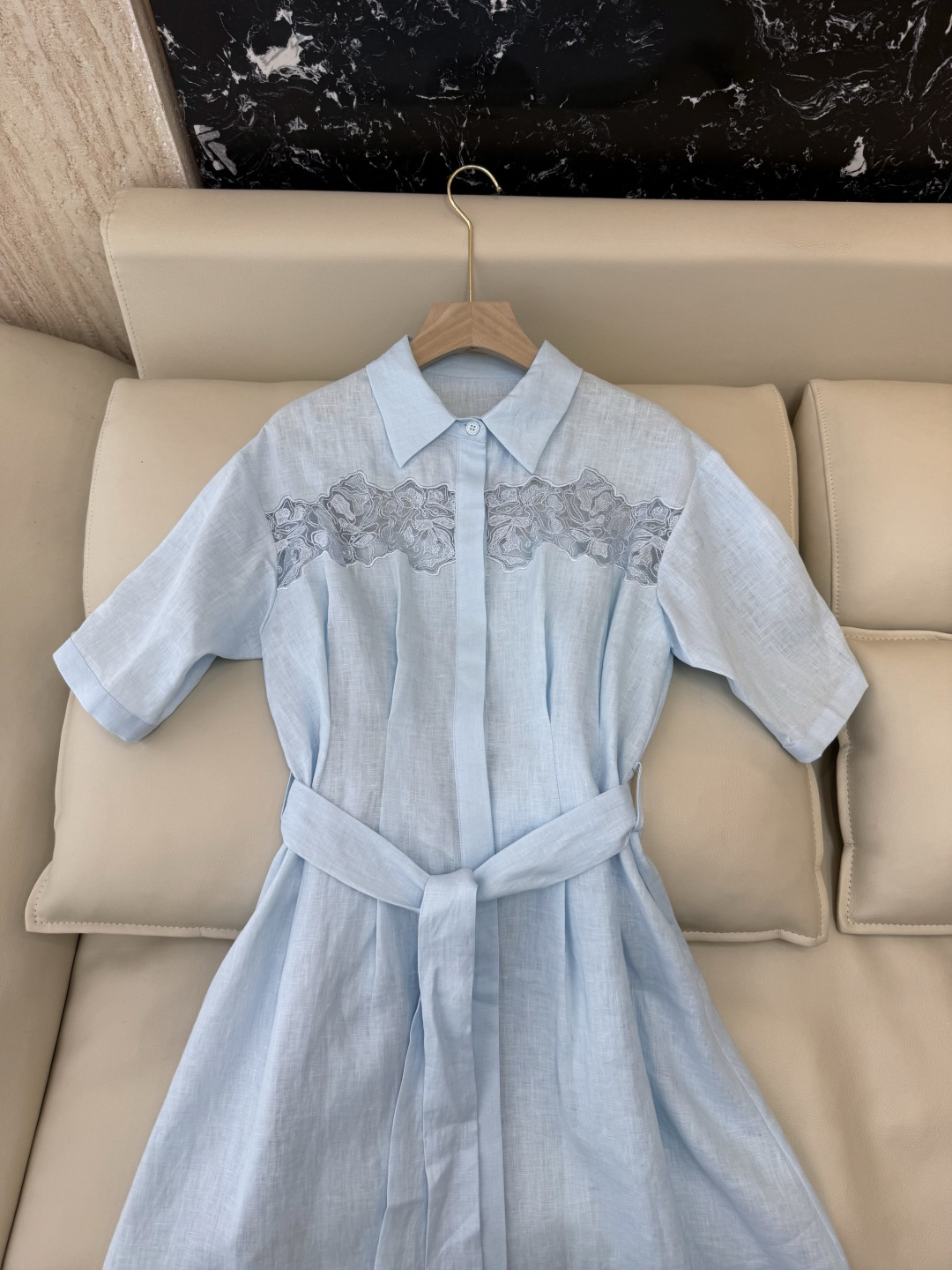 YM0134#新款连衣裙⚠️工厂特批‼️ES 100% 亚麻 蕾丝绣花短袖 修身连衣裙 蓝色 白色 SM