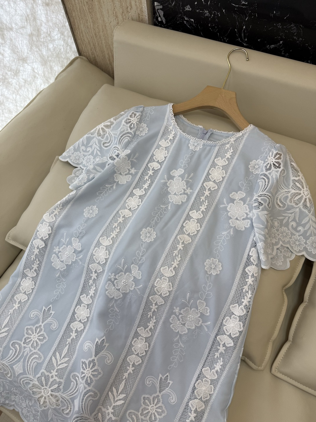 LH7299#新款款连衣裙⚠️工厂特批‼️重工蕾丝绣花 短袖连衣裙 蓝色 白色 ＳＭＬ