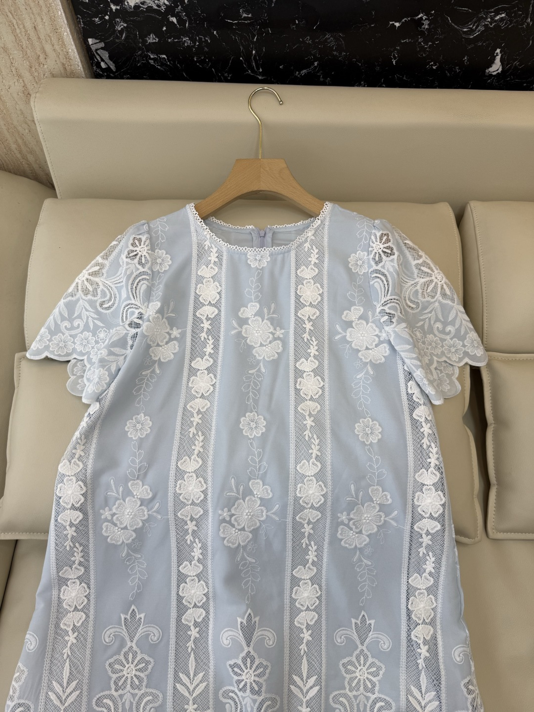 LH7299#新款款连衣裙⚠️工厂特批‼️重工蕾丝绣花 短袖连衣裙 蓝色 白色 ＳＭＬ