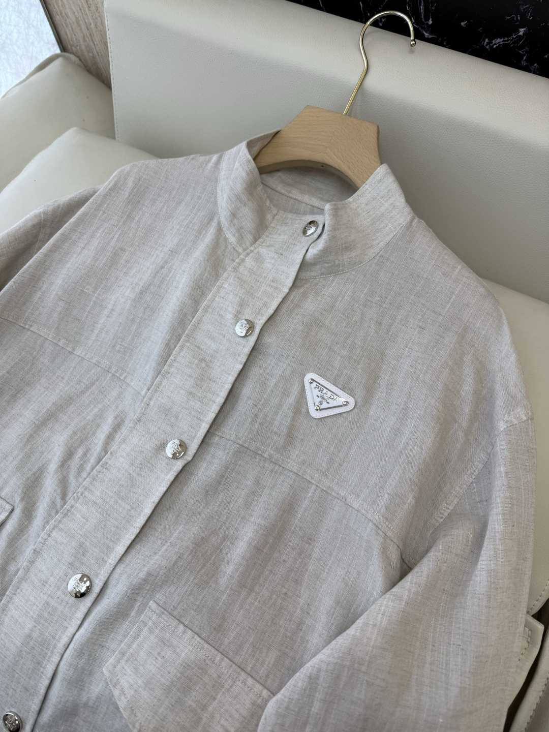 CX0236#新款外套⚠️工厂特批‼️PR三角标 立领 50% 亚麻 50% 天丝 长袖外套 麻本色 Ｓ