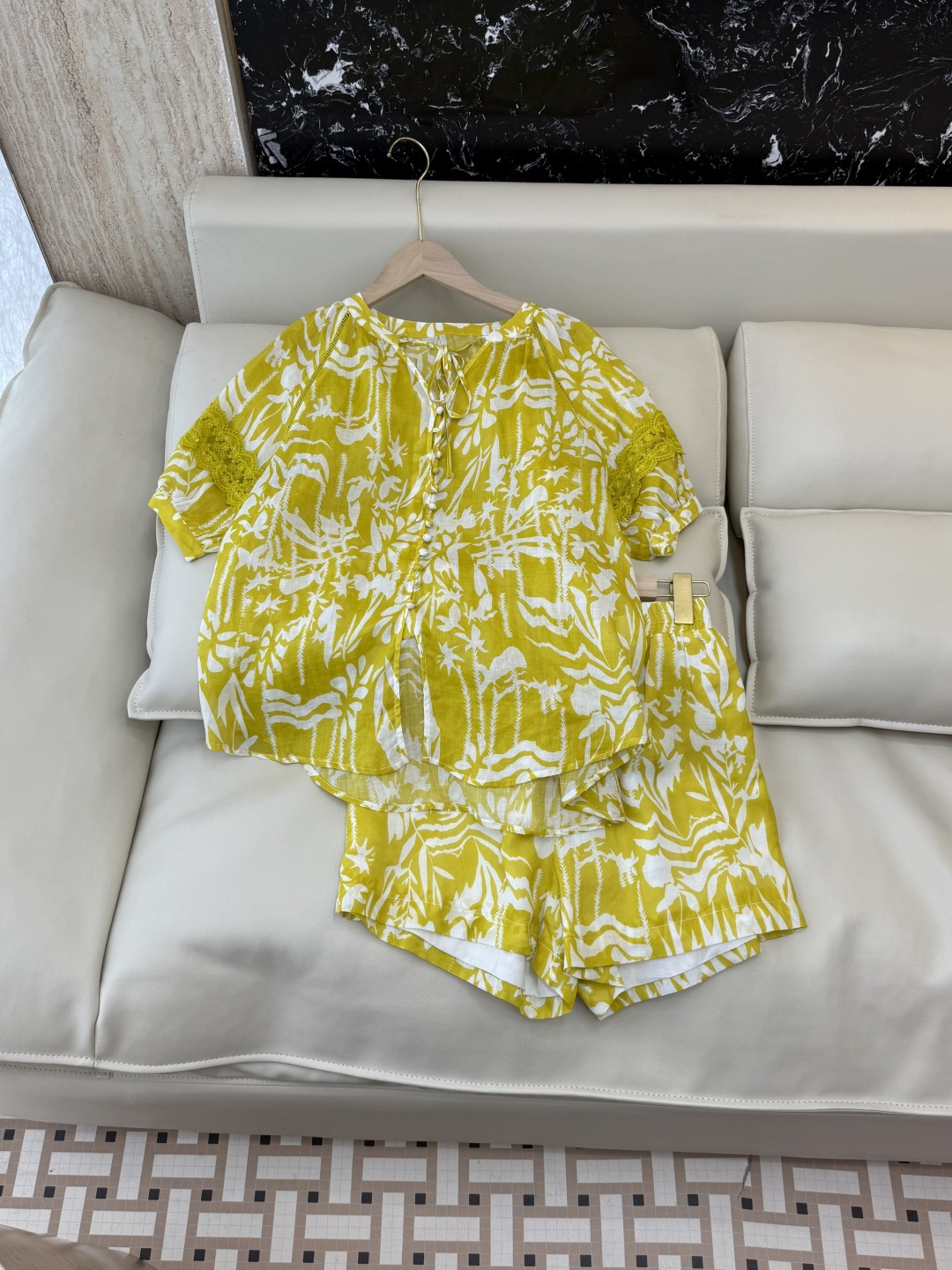 NO:867490,YM0138# New suit factory P short-sleeved ramie printed top shorts suit green yellow S-XL, women's clothing, shorts, T-shirt,19860909YM0138#新款套装工厂P 短袖 苎麻印花上衣短裤 套装 绿色 黄色 S-XL,女装,shorts,T-shirt,,Women's clothing