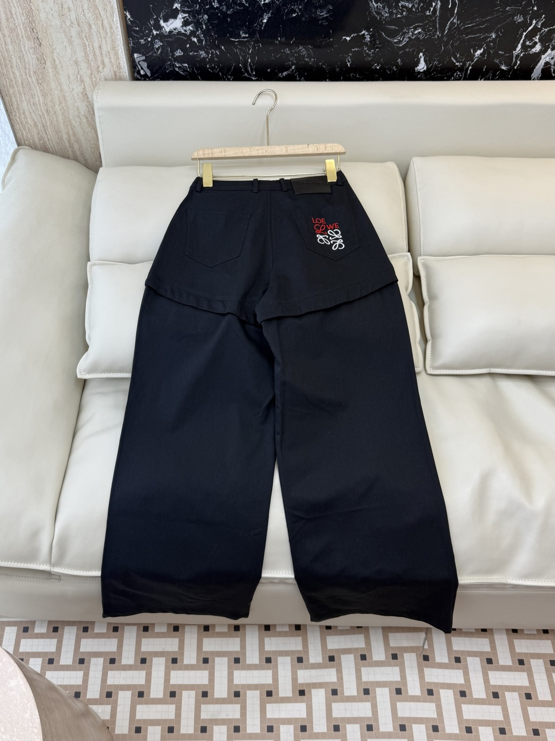 AW0100#新款牛仔裤⚠️工厂特批‼️loewe 假两件 牛仔裤 黑色 米色 ＳＭＬ