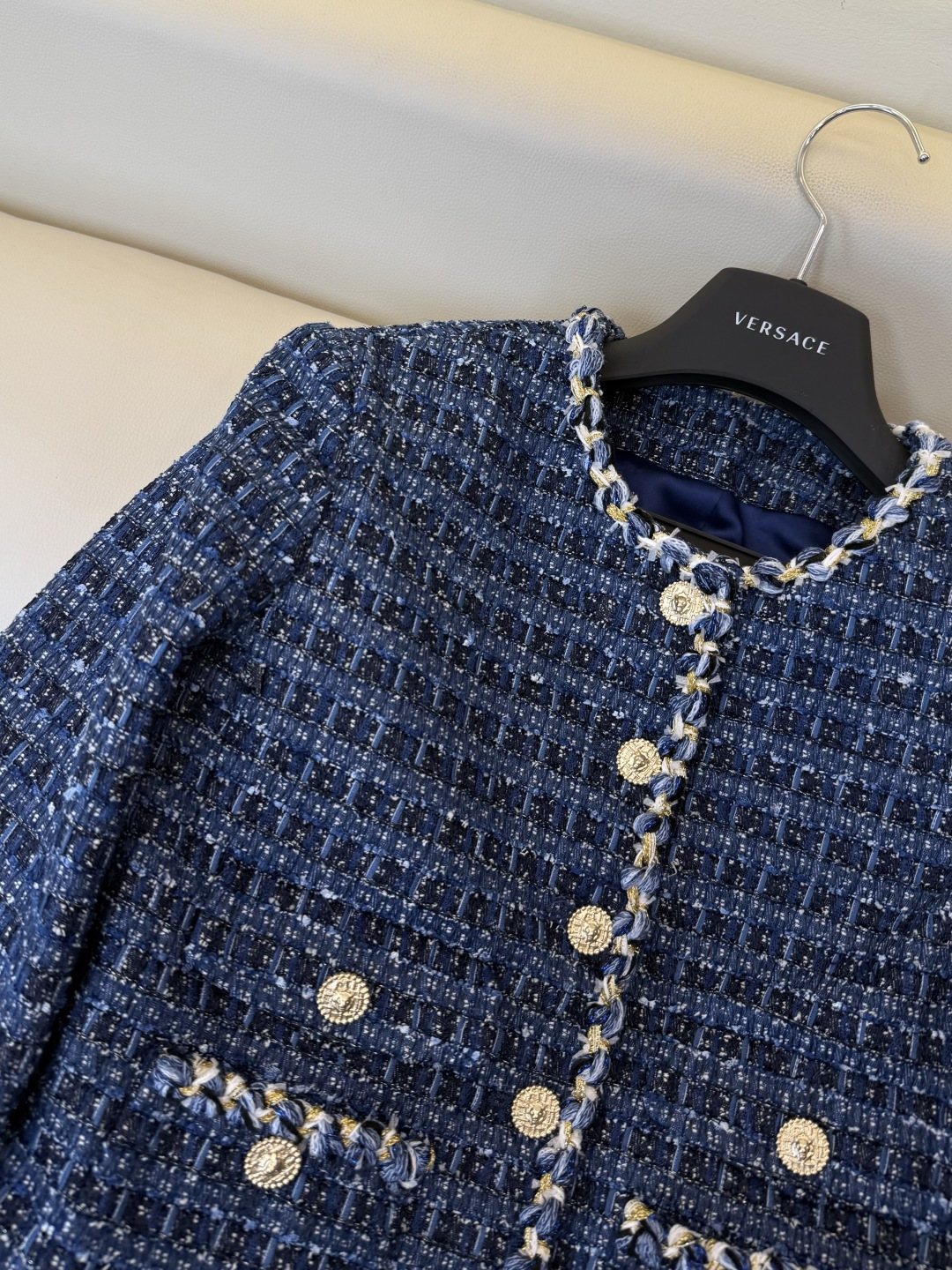 XZ0200#新款外套⚠️🌾 chanel 金扣 长袖粗花尼 毛呢外套 湖蓝色 深蓝色 SMLXL