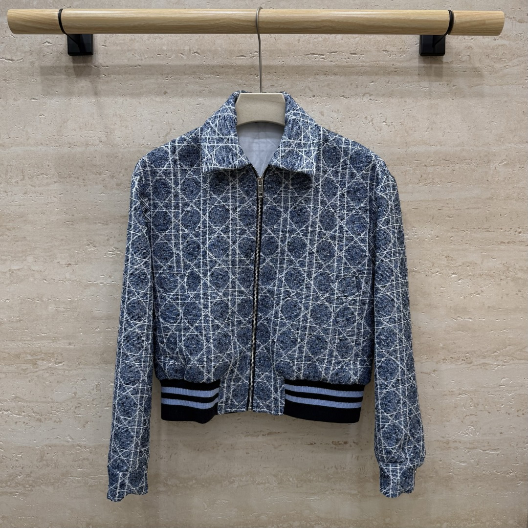 XZ0202#新款外套🌾 Dior 棋盘格 长袖厚外套 拉链款 蓝色 SMLXL