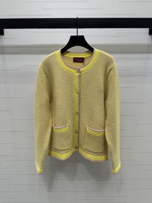 Gucci Wool Knit Cardigan with Pockets, Yellow & Lilac Trim, Elegant Button-Down 1 Gucci Wool Knit Cardigan with Pockets, Yellow & Lilac Trim, Elegant Button-Down