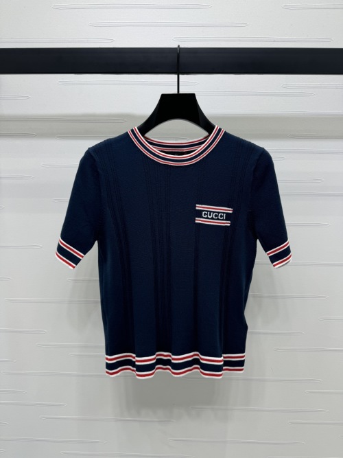 Gucci Women's Navy Knit Short Sleeve T-Shirt with Striped Trim 1 Gucci Women's Navy Knit Short Sleeve T-Shirt with Striped Trim