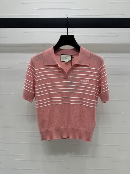 Gucci Women's Striped Cotton Blend Knit Polo Shirt, Short Sleeve 1 Gucci Women's Striped Cotton Blend Knit Polo Shirt, Short Sleeve