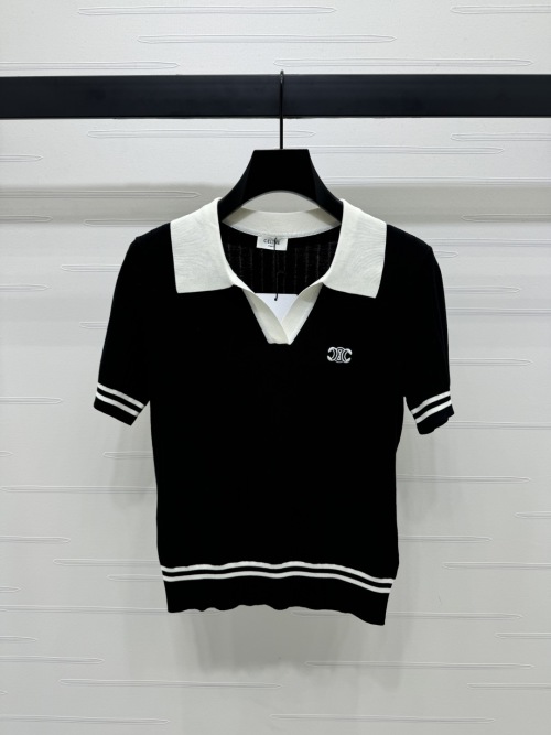 CELINE Women's Ribbed Knit Polo Shirt with Embroidered Logo, Short Sleeve 1 CELINE Women's Ribbed Knit Polo Shirt with Embroidered Logo, Short Sleeve