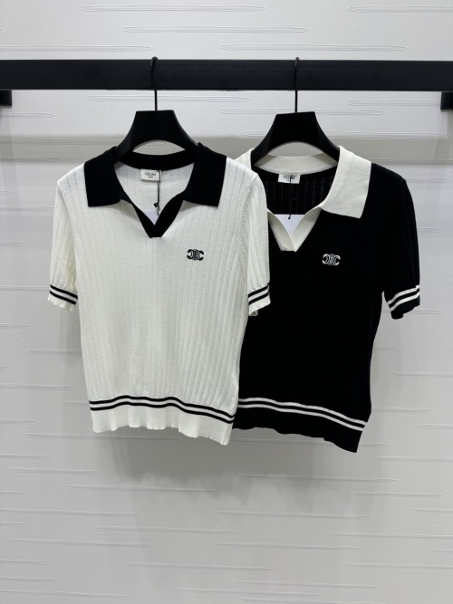Celine Women's Ribbed Knit Polo Shirt | Short Sleeve, Embroidered Logo 1 Celine Women's Ribbed Knit Polo Shirt | Short Sleeve, Embroidered Logo