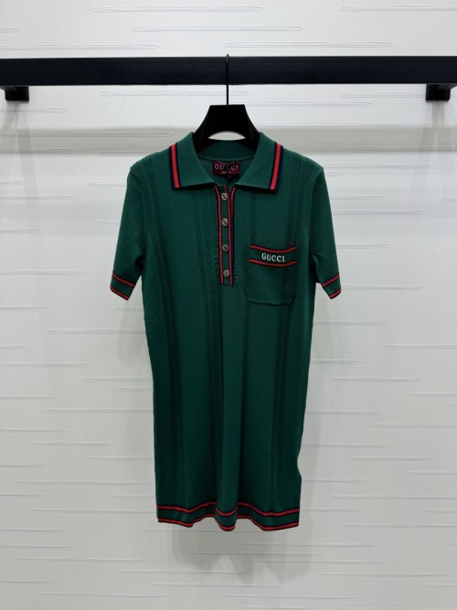 Gucci Striped Wool Blend Knit Polo Dress, Short Sleeve, Green 1 Gucci Striped Wool Blend Knit Polo Dress, Short Sleeve, Green