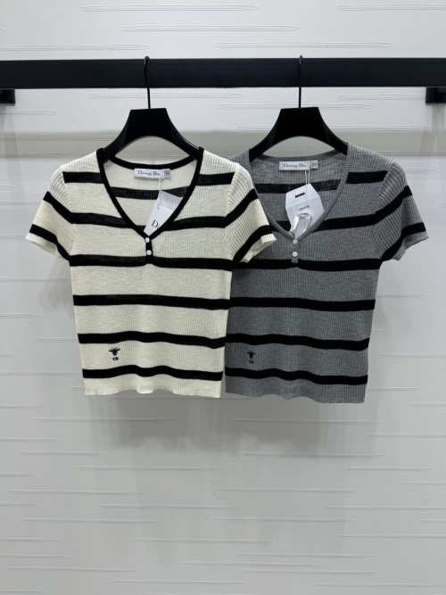 Dior Striped Knit Top - V-Neck Short Sleeve with Embroidered Logo