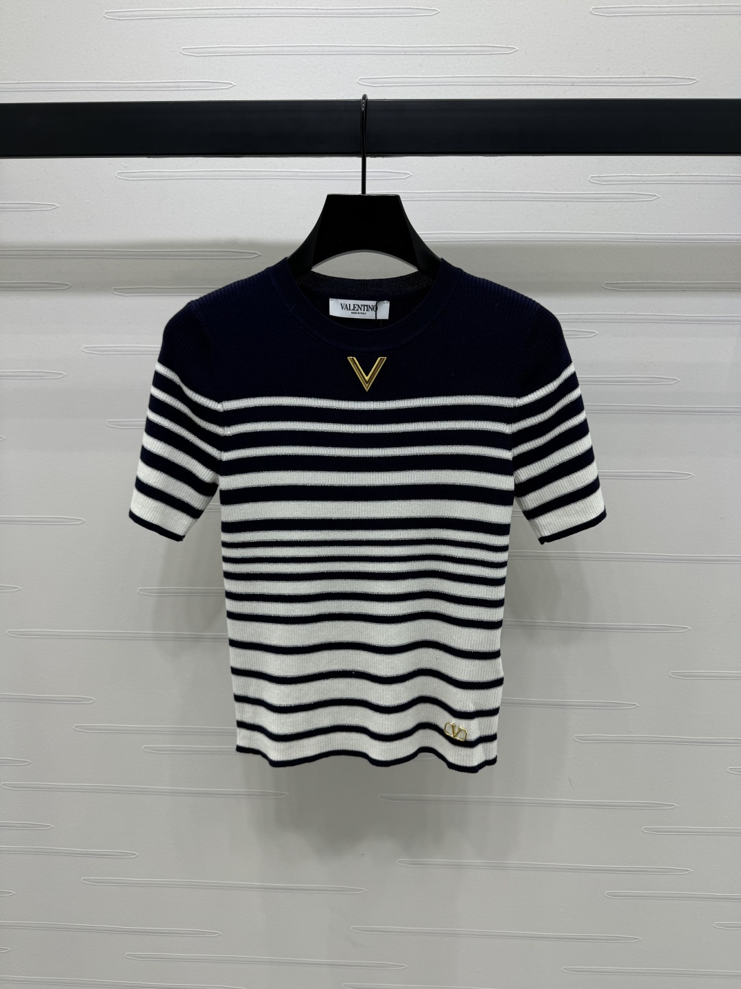 Valentino Striped Knit Top - Short Sleeve, Round Neck, Designer Logo
