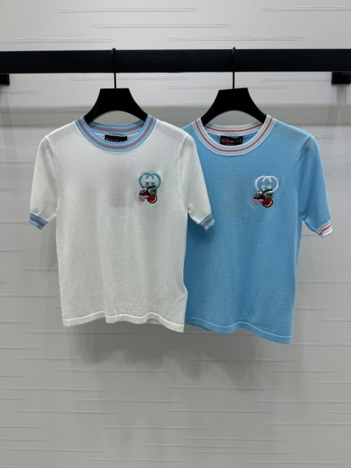 Gucci Women's Knitted Short Sleeve T-Shirt with Cherry Embroidery 1 Gucci Women's Knitted Short Sleeve T-Shirt with Cherry Embroidery