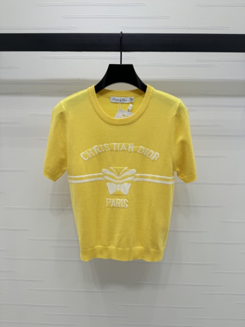 Dior Women's Yellow Wool Knit Short Sleeve Top with Logo and Butterfly 1 Dior Women's Yellow Wool Knit Short Sleeve Top with Logo and Butterfly
