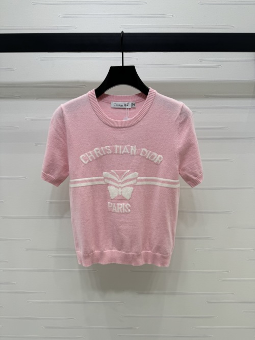 Dior Women's Pink Wool Blend Short Sleeve Sweater with Butterfly Logo 1 Dior Women's Pink Wool Blend Short Sleeve Sweater with Butterfly Logo