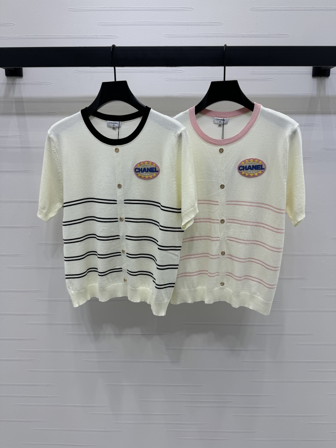 Chanel Striped Knit Short Sleeve Top with Button Detail