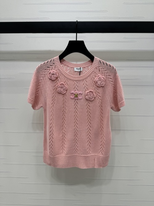 Celine Women's Pink Cotton Knit Top with Floral Appliqués Short Sleeve 1 Celine Women's Pink Cotton Knit Top with Floral Appliqués Short Sleeve