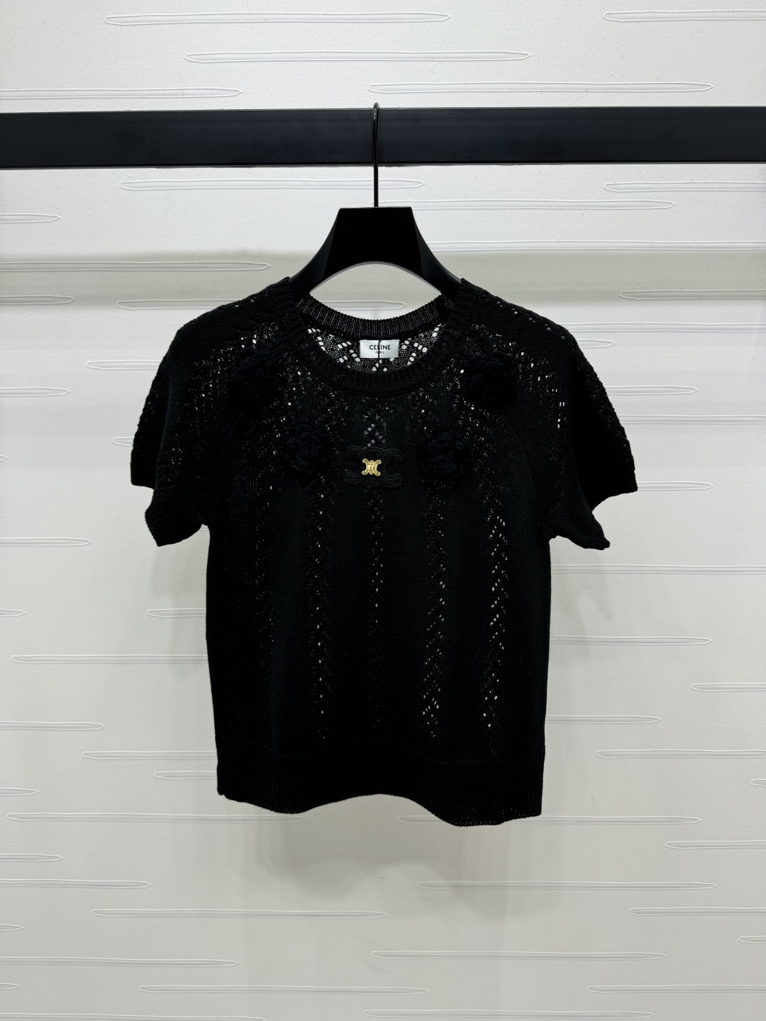 CELINE Cropped Knitted Top: Elegant Cotton Blend with Delicate Floral Design