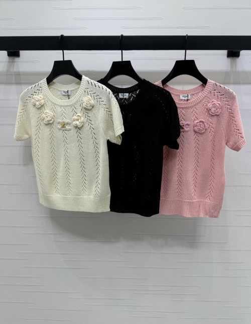 CELINE Women's Crochet Knit Short Sleeve Top with Floral Detail 1 CELINE Women's Crochet Knit Short Sleeve Top with Floral Detail