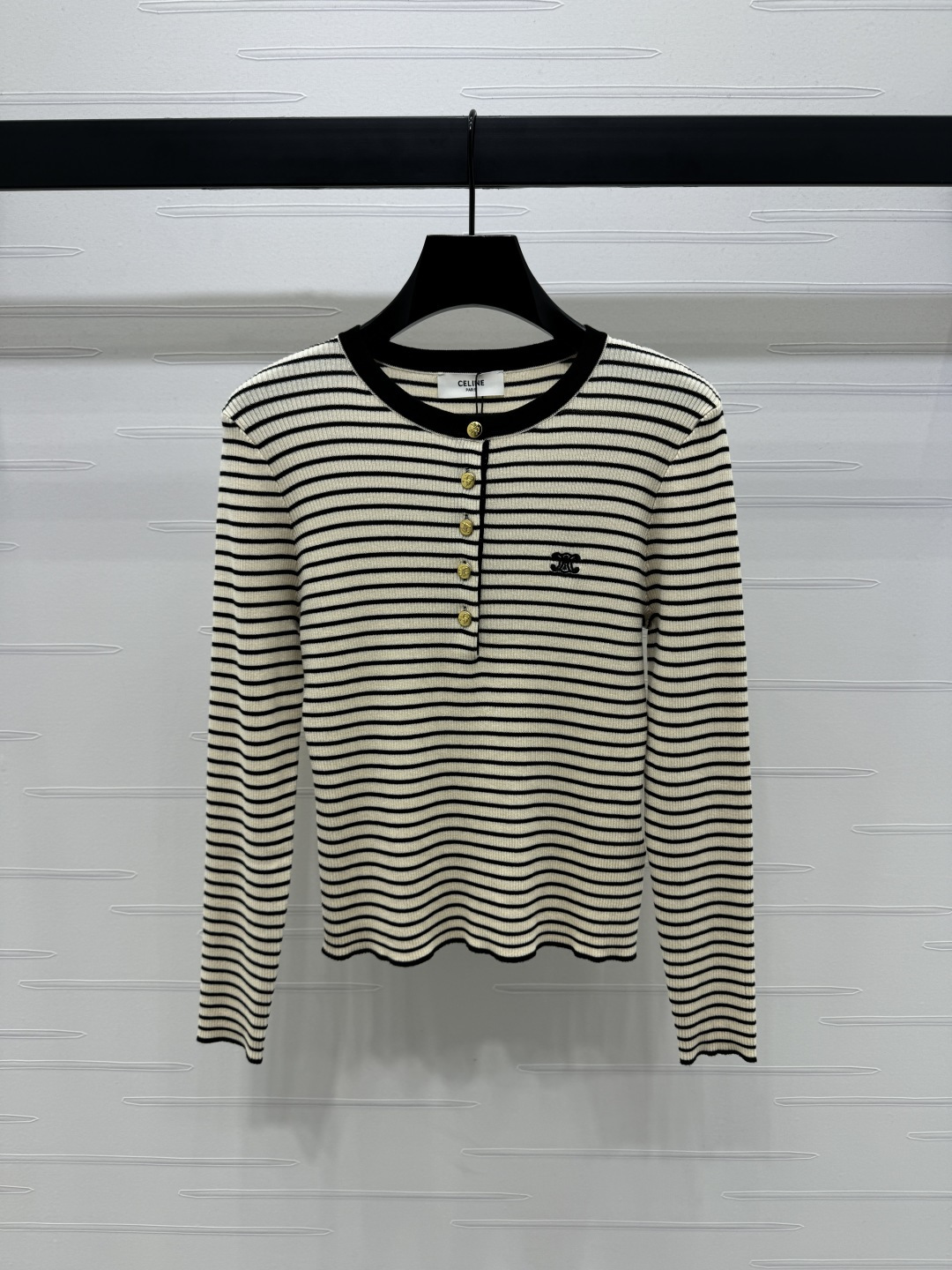 Celine Striped Wool Knit Top with Half Button Placket and Logo