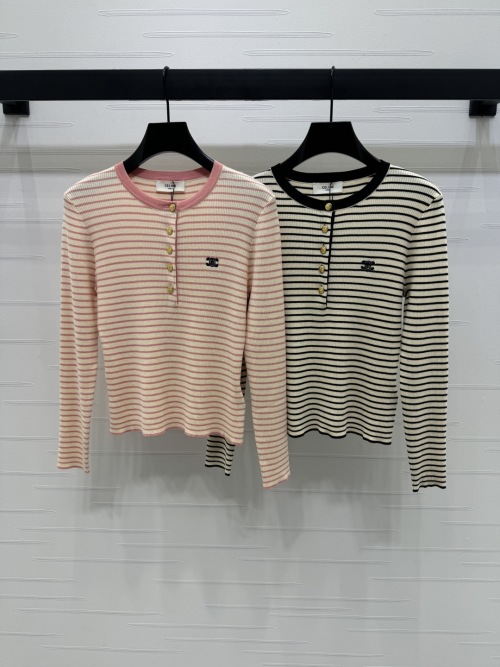 CELINE Striped Wool Knit Long Sleeve Top With Button Detail 1 CELINE Striped Wool Knit Long Sleeve Top With Button Detail