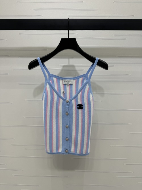 Chanel Striped Knit Tank Top, Wool Blend, Sleeveless, Button Front, CC Logo 1 Chanel Striped Knit Tank Top, Wool Blend, Sleeveless, Button Front, CC Logo