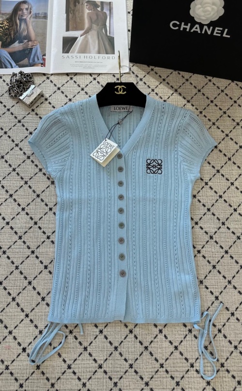 Loewe Emblem Embroidered Knit Short Sleeve Top with Drawstring Details 1 Loewe Emblem Embroidered Knit Short Sleeve Top with Drawstring Details