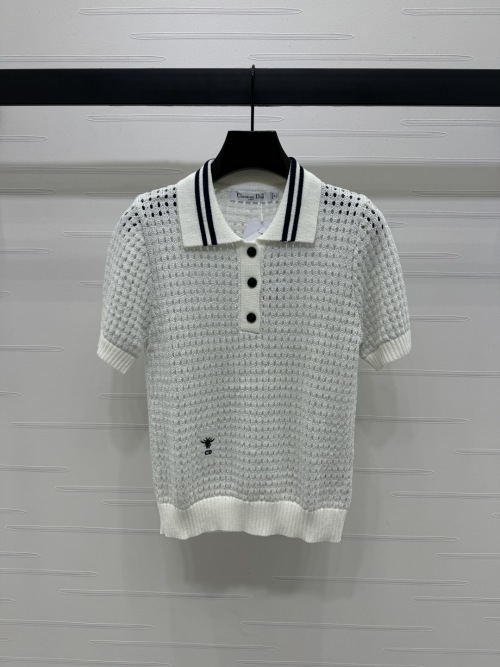 Dior Women's White Knit Polo Shirt with CD Bee Embroidery - Spring/Summer 1 Dior Women's White Knit Polo Shirt with CD Bee Embroidery - Spring/Summer