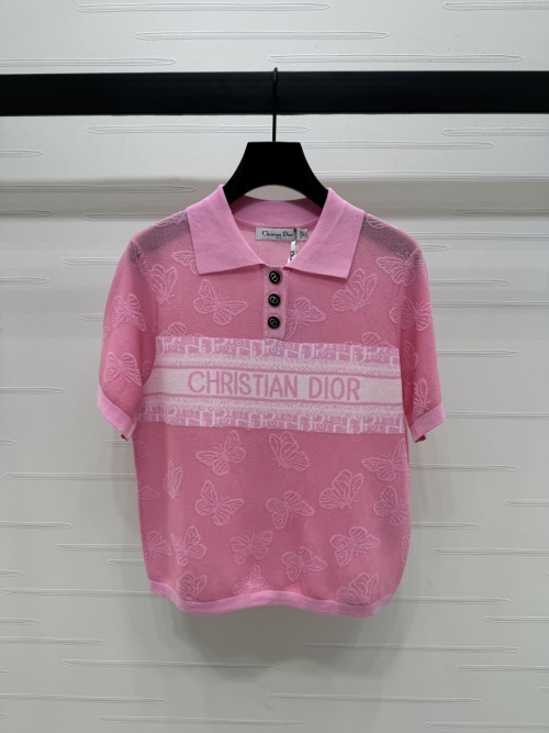 Dior Women's Pink Butterfly Jacquard Knit Polo Shirt Short Sleeve 1 Dior Women's Pink Butterfly Jacquard Knit Polo Shirt Short Sleeve