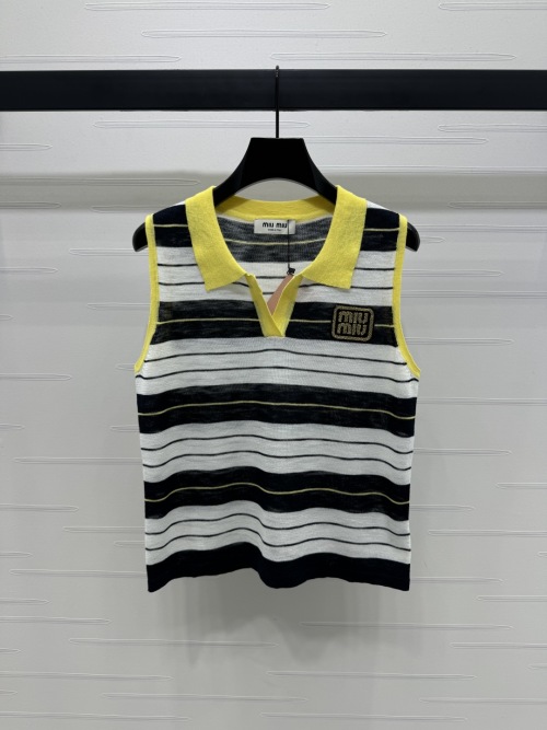 Miu Miu Striped Knit Vest with V-Neck Collar and Beaded Logo Patch 1 Miu Miu Striped Knit Vest with V-Neck Collar and Beaded Logo Patch