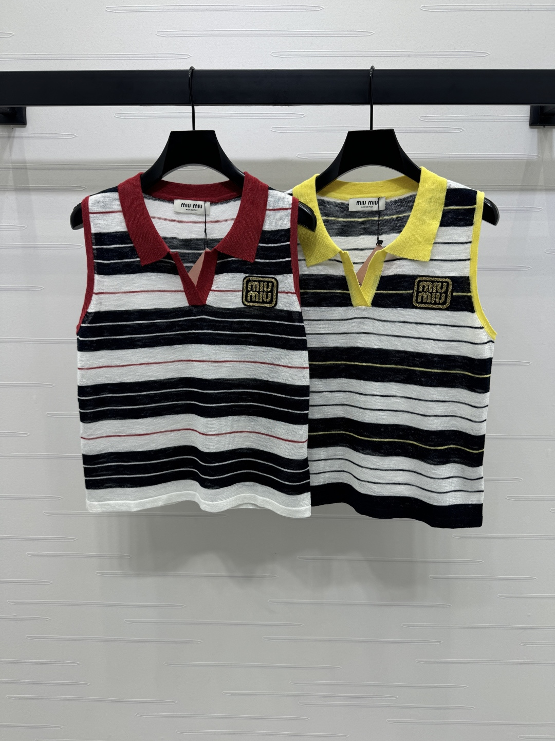 Miu Miu Striped Knit Vest with V-Neck Collar and Beaded Logo Patch