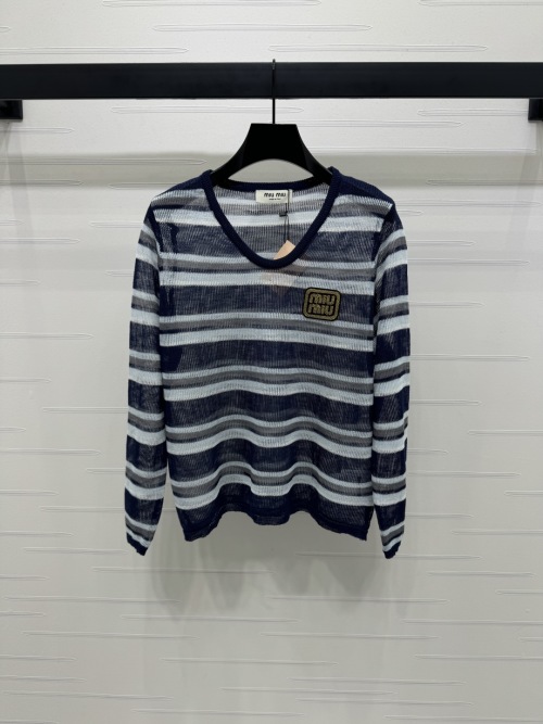 Miu Miu Striped Cotton Blend Knit Top Long Sleeve