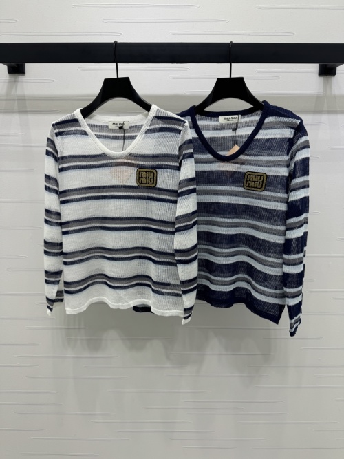 Miu Miu Striped Cotton Knit Top, U-Neck Long Sleeve - Slim Fit 1 Miu Miu Striped Cotton Knit Top, U-Neck Long Sleeve - Slim Fit
