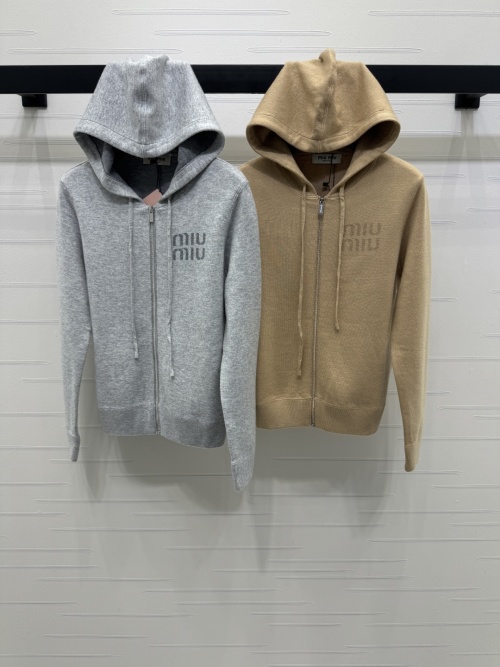 Miu Miu Women's Wool Blend Knit Jacquard Logo Hoodie Cardigan Sweater 1 Miu Miu Women's Wool Blend Knit Jacquard Logo Hoodie Cardigan Sweater