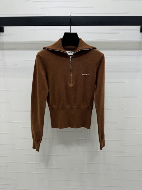 Miu Miu Wool Knit Sweater with Zip Collar, Long Sleeves, and Ribbed Hem 1 Miu Miu Wool Knit Sweater with Zip Collar, Long Sleeves, and Ribbed Hem