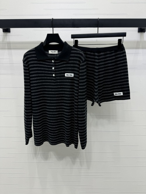 Miu Miu Striped Knit Polo Shirt & Shorts Set, Long Sleeve, Black, Casual Style 1 Miu Miu Striped Knit Polo Shirt & Shorts Set, Long Sleeve, Black, Casual Style