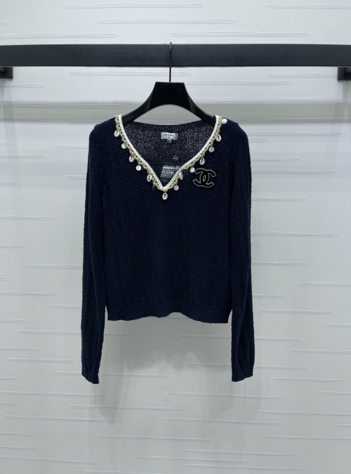 Chanel Women's V-Neck Knit Sweater with Shell and Pearl Embellishments 1 Chanel Women's V-Neck Knit Sweater with Shell and Pearl Embellishments