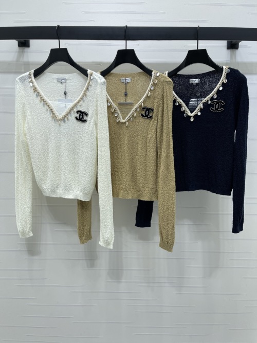Chanel Women's V-Neck Long Sleeve Knit Sweater with Shell and Pearl Detail 1 Chanel Women's V-Neck Long Sleeve Knit Sweater with Shell and Pearl Detail