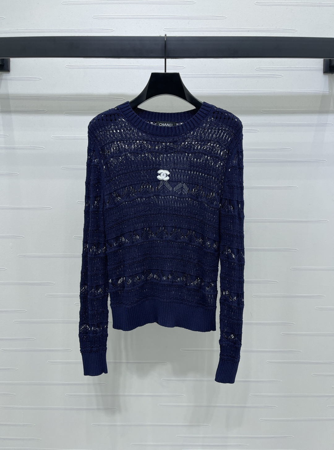 Chanel Women's Navy Blue Wool Knit Long Sleeve Pullover Sweater
