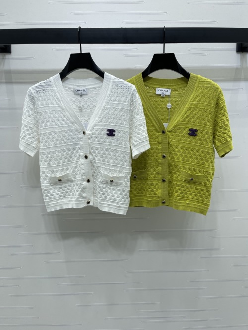 Chanel Knit Cardigan - Short Sleeve, V-Neck, Openwork, Double C Logo 1 Chanel Knit Cardigan - Short Sleeve, V-Neck, Openwork, Double C Logo