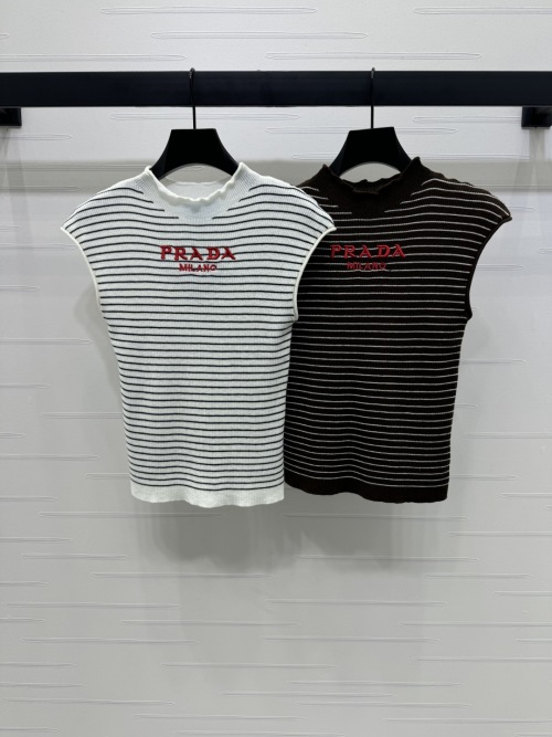 Prada Striped Wool-Blend Knit Tank Top | Sleeveless Mock Neck Vest 1 Prada Striped Wool-Blend Knit Tank Top | Sleeveless Mock Neck Vest