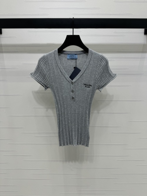 Prada Women's Ribbed Knit Top with V-Neck and Button Detail - Slim Fit 1 Prada Women's Ribbed Knit Top with V-Neck and Button Detail - Slim Fit