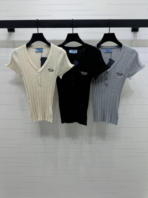 Prada Women's Ribbed Knit Short Sleeve Top, V-Neck Button-Down Design 1 Prada Women's Ribbed Knit Short Sleeve Top, V-Neck Button-Down Design
