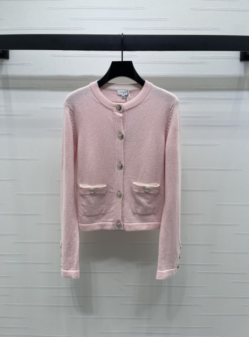 Chanel 2025 Pink Wool Knit Cardigan with Pockets and Embroidered Lace Cuffs 1 Chanel 2025 Pink Wool Knit Cardigan with Pockets and Embroidered Lace Cuffs