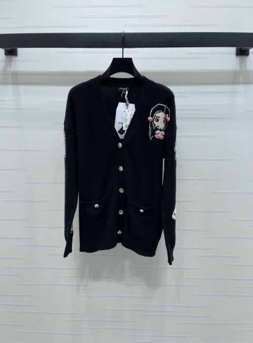Chanel Women's Black Wool Knit Cardigan with Cartoon Graphic, Early Fall Collection 1 Chanel Women's Black Wool Knit Cardigan with Cartoon Graphic, Early Fall Collection